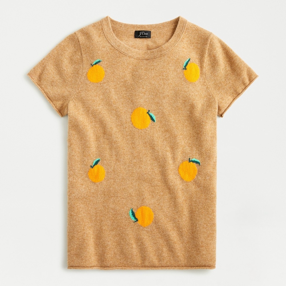 NWT J. Crew Camel Tan Cashmere Short Sleeve Sweater w Oranges 🍊